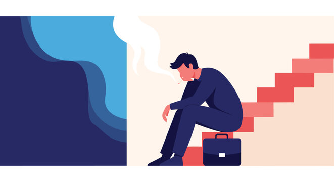Depressed and stressed man sitting on red stairs while smoking a cigarette and holding a briefcase against a conceptual blue background.