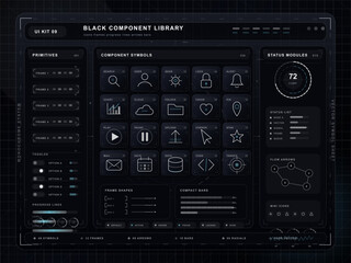 Fototapeta premium Dark futuristic UI kit dashboard with icons and interface elements