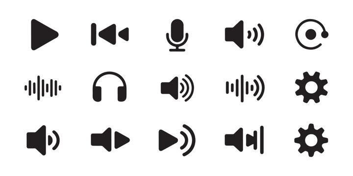 Collection of black technology and media player icons on transparent background for apps.