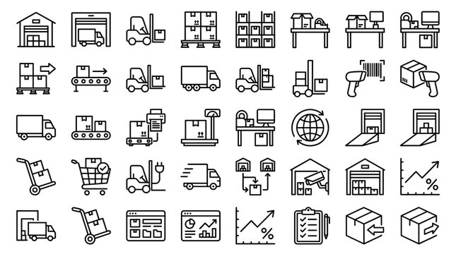 Logistics and warehouse line icon set, 40 delivery and distribution vector icons, supply chain management and shipping service symbols