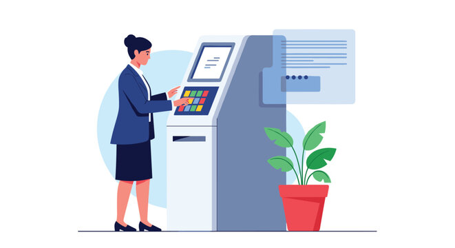 Professional woman in a business suit operates an automated teller machine for banking transactions in a modern office or bank.