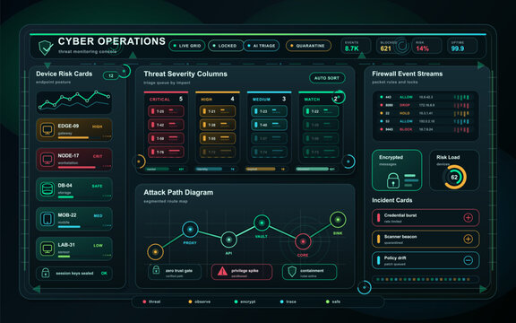 Futuristic cybersecurity dashboard interface with threat monitoring panels