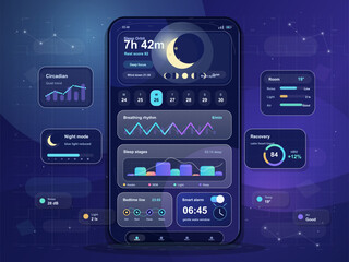 Obraz na płótnie Canvas Smartphone sleep tracking dashboard interface in dark mode