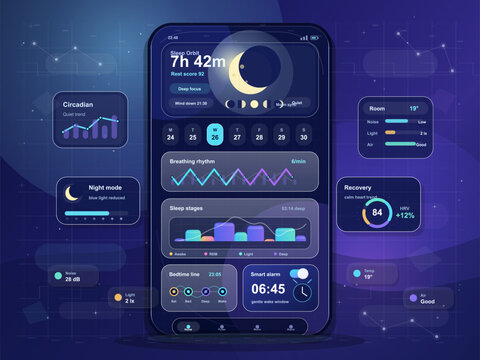 Smartphone sleep tracking dashboard interface in dark mode