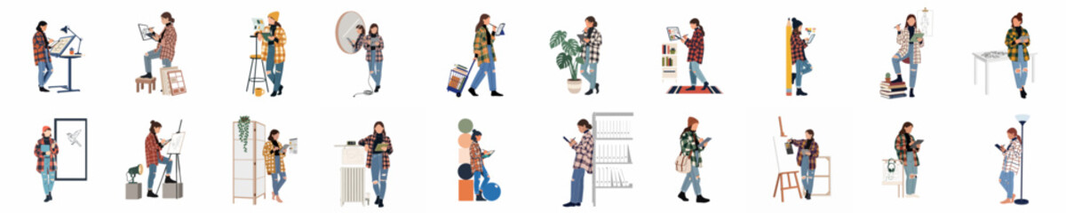 Collection of creative young woman illustrations working on art, design, and digital projects in various studio and office settings © Juan
