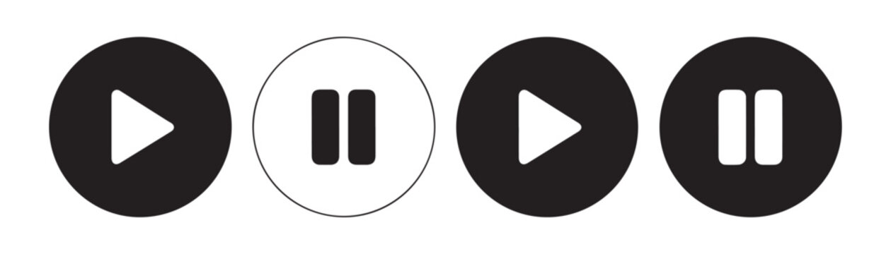 Set of play and pause icon in black circle shapes with outline, isolated on a transparent background.