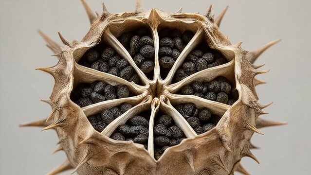 A dried datura seed pod split open, revealing a radial pattern of dark seeds inside.