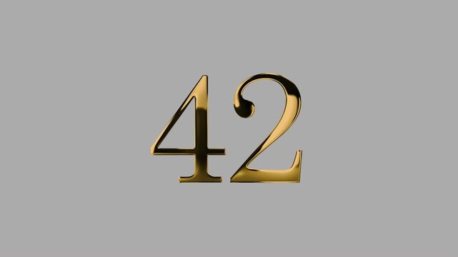 Gold number 42 with a gold particle and a transparent background, number forty-two