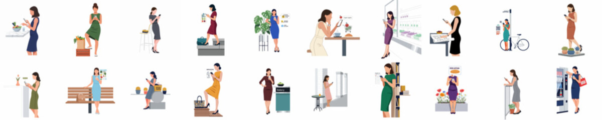 Collection of flat vector illustrations depicting modern women using smartphones for shopping, food delivery, and digital lifestyle in various urban and domestic settings. © Juan