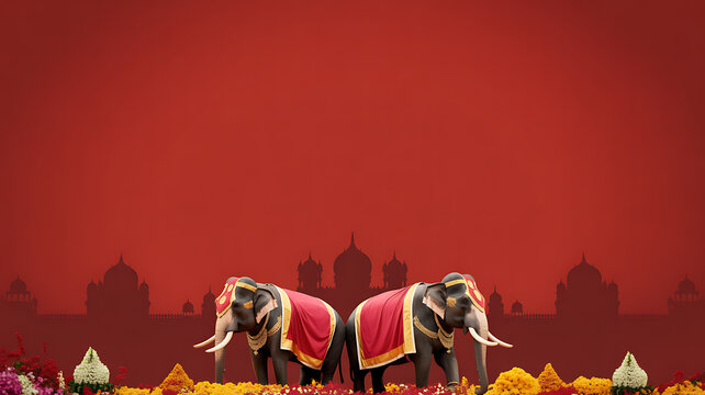Two decorated elephants stand before a red backdrop with silhouetted domes and floral arrangements.