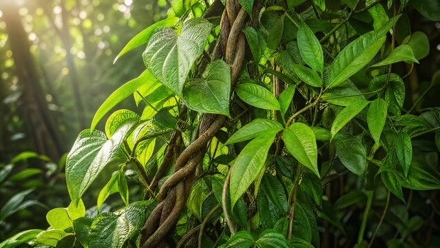 Two rainforest vines, ayahuasca and chacruna leaves, intertwined and growing together in dappled sunlight.