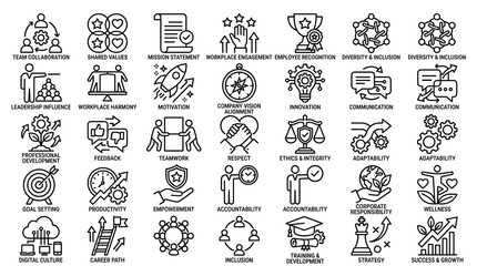 Obraz premium Corporate Culture Line Icons Set, 35 Business Values and Workplace Ethics Vector Symbols, Professional Leadership and Teamwork Icons for HR Presentations