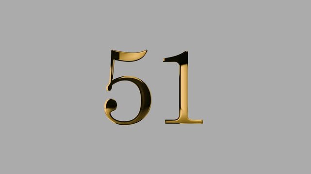 Gold number 51 with gold particle and transparent background, number fifty one