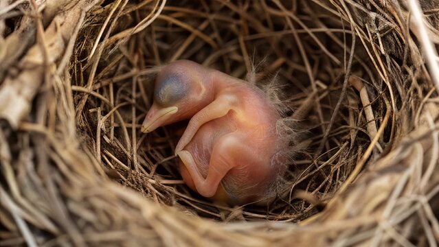 A featherless newborn hatchling curled in an empty nest, soft natural light.