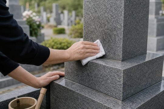 墓石を白い布で拭く秋彼岸の墓掃除の手元