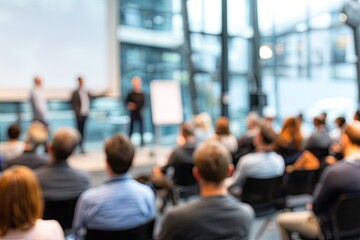 Fototapeta premium Blurred image of people seated in a conference hall, listening to speakers