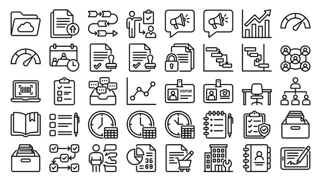 Business management line icons set, corporate workflow and project planning symbols, 40 professional office administration vector elements for web design