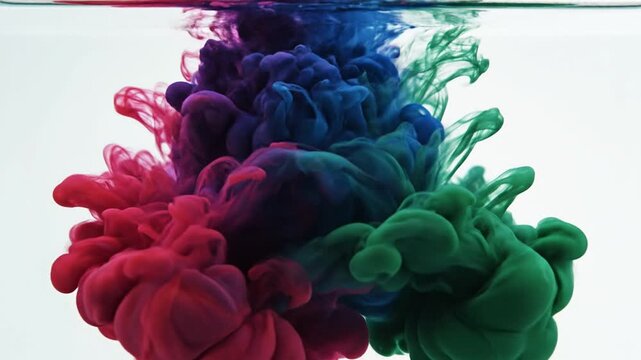 Vibrant red blue and green ink diffusing in clear liquid creating abstract swirling cloud patterns