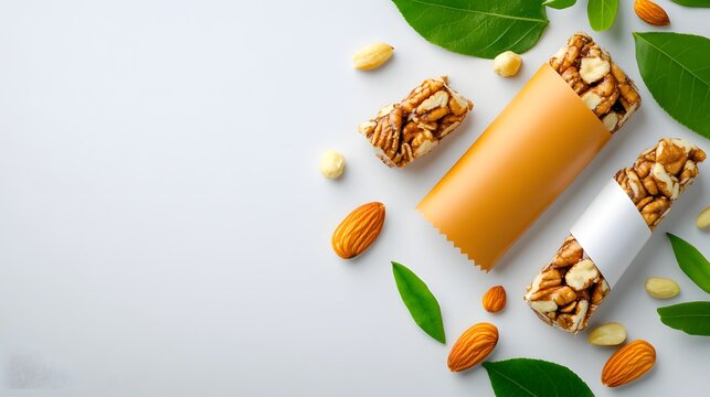 Nut and seed snack bars with almonds and green leaves on a clean background