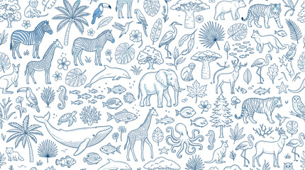 Hand drawn wild animals seamless pattern, blue line art safari wildlife background, tropical jungle fauna and flora wallpaper vector © DesignAura