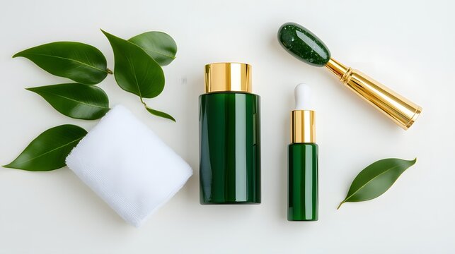 Luxury green skincare bottles with leaves and jade facial roller on white background