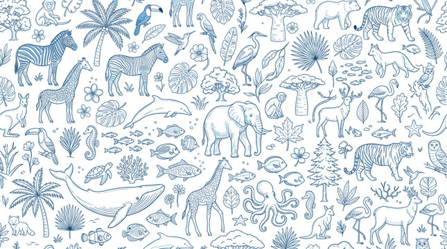 Hand drawn wild animals seamless pattern, blue line art safari wildlife background, tropical jungle fauna and flora wallpaper vector