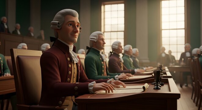 Men in colonial attire sitting at a table