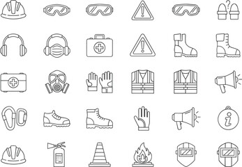 Fototapeta premium Construction Safety Icon Set with Helmets, Boots, Goggles, First Aid Kit, Warning Signs, and Protective Gear for Workplace and Hazard Prevention