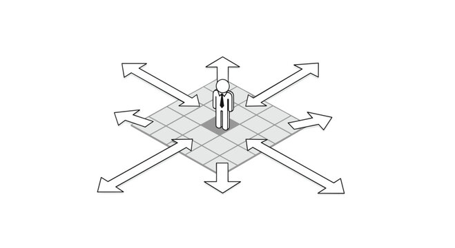 A solitary businessman dressed in a formal suit stands at the center of a geometric grid floor while surrounded by multiple arrows pointing in diverse directions.