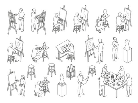 Isometric CAD vector illustration of professional artists and students painting on easels and sculpting in a creative art studio workshop
