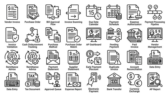 Accounts Payable Line Icons Set, 32 Financial Management Vector Symbols, Business Invoice Processing and Payment Workflow Elements for ERP Software