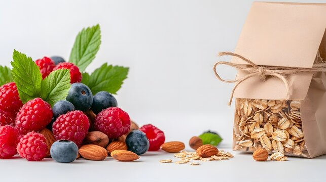 Fresh berries, oats and almonds with packaged cereal on a clean white background
