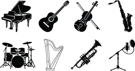 Musical instruments icon set featuring piano guitar violin saxophone drums harp trumpet and studio microphone silhouettes in file image_5a8186.png © jamal