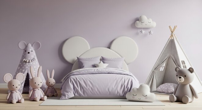 Cozy pastelthemed childrens bedroom with plush toys and teepee play tent