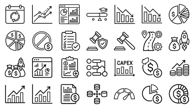 Business and financial analysis icons, set of 28 outline vector symbols. Data visualization charts and investment growth graphics for corporate reporting.