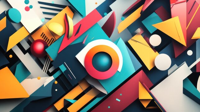 Abstract geometric shapes, vibrant colors, 3D forms, digital art, background