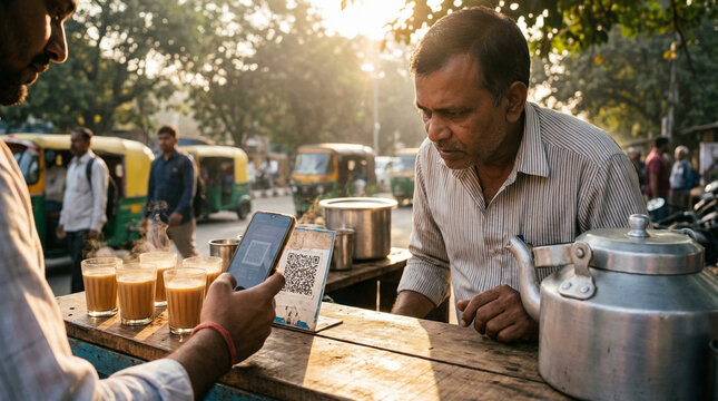 Man pays roadside tea seller using smartphone qr code for digital payment on wooden counter with cups of chai and pots in background