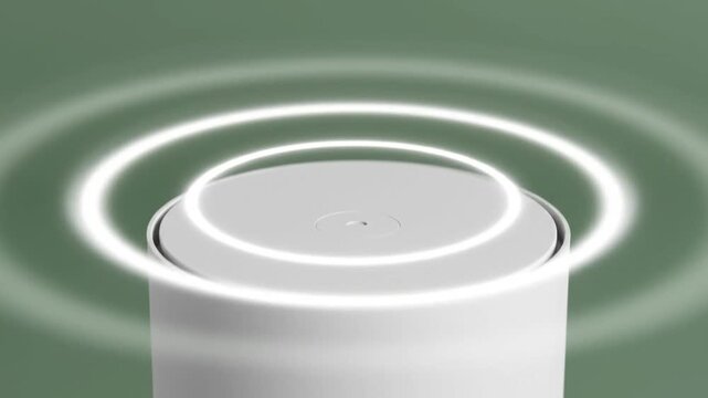 A white cylindrical smart speaker on a green background emits glowing concentric rings, visualizing pulsating sound waves or a wireless signal being transmitted.