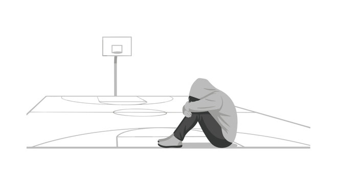 A desaturated grayscale illustration shows a solitary figure wearing a hooded sweatshirt sitting in a dejected posture on a basketball court floor near a hoop.