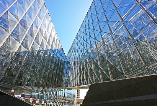 Geneva, Switzerland, Europe :  05.2026 :  Japan International Tobacco (JIT) - headquarters building with self-shading glass facade