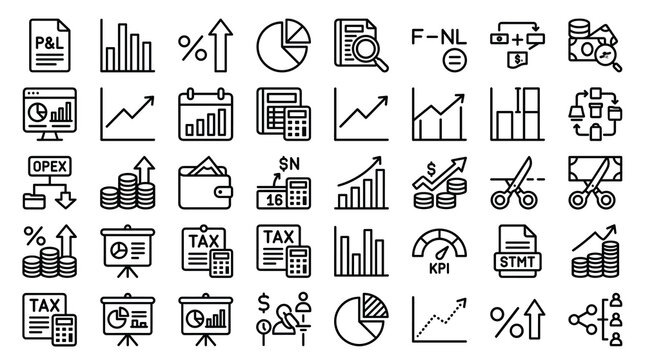 Financial analysis line icons set, 40 business accounting and data analytics vector symbols, corporate profit and loss report graphics
