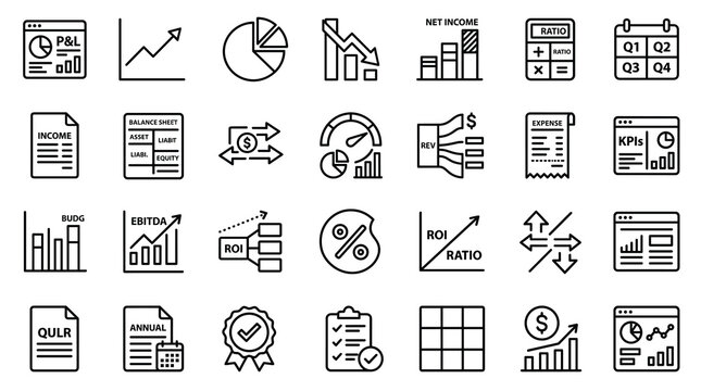 Financial analysis icon set, 28 business data and accounting line icons, professional profit and loss report symbols for corporate dashboard