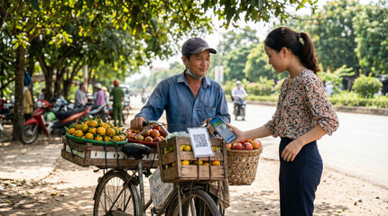 Obraz premium Vietnamese fruit vendor bicycle accepts mobile payment customer, healthy food roadside market