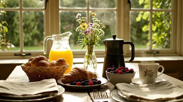 A rustic wooden table is set with breakfast items by a window with natural sunlight