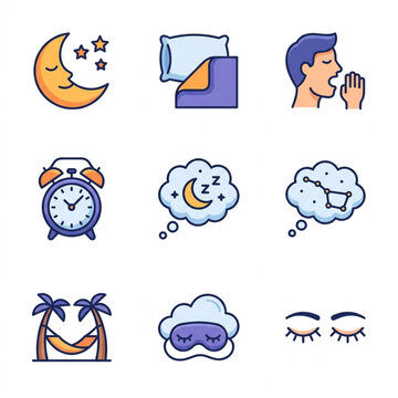 Collection of sleep and rest related pixel art icons.