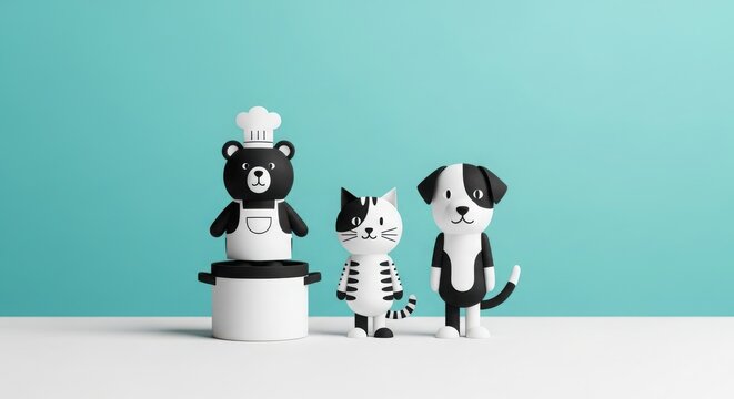 Cartoon chef bear with cat and dog
