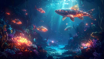 Fototapeta premium Deep aquatic scene with glowing fish, sunlit coral reefs, and vibrant underwater flora. The luminous life fills a dark blue realm