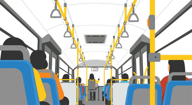 An interior perspective of a public city bus shows passengers seated on blue rows while yellow handrails and overhead straps line the ceiling for standing commuters.
