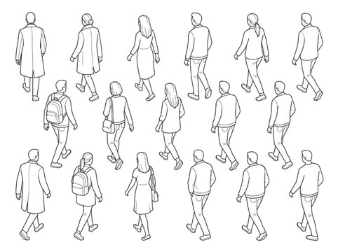 CAD drawing illustration of diverse people walking from behind, isometric perspective for architectural visualization and urban planning