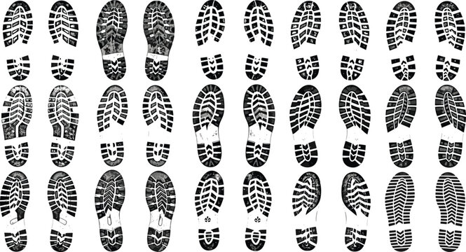 Footprint Icon Set Featuring Various Shoe Prints, Trail Marks, and Boot Patterns for Path, Tracking, and Navigation Illustrations